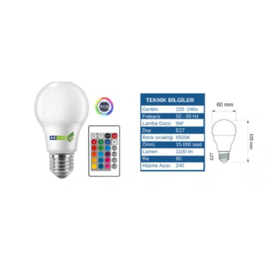 AKLIGHT 9W LED RGB Kumandalı Ampul Beyaz-Sarı Işık E-27 AKLIGHT 9W LED RGB Kumandalı Ampul Beyaz-Sarı Işık E-27