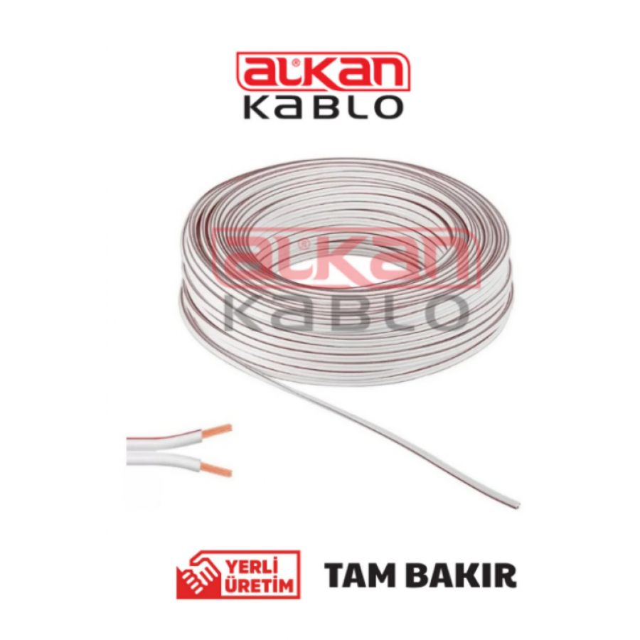 Alkan 2x0.75 mm Hoparlör Kablosu – Tam Bakır Bitişik Yassı Kordon H03VH-H Beyaz